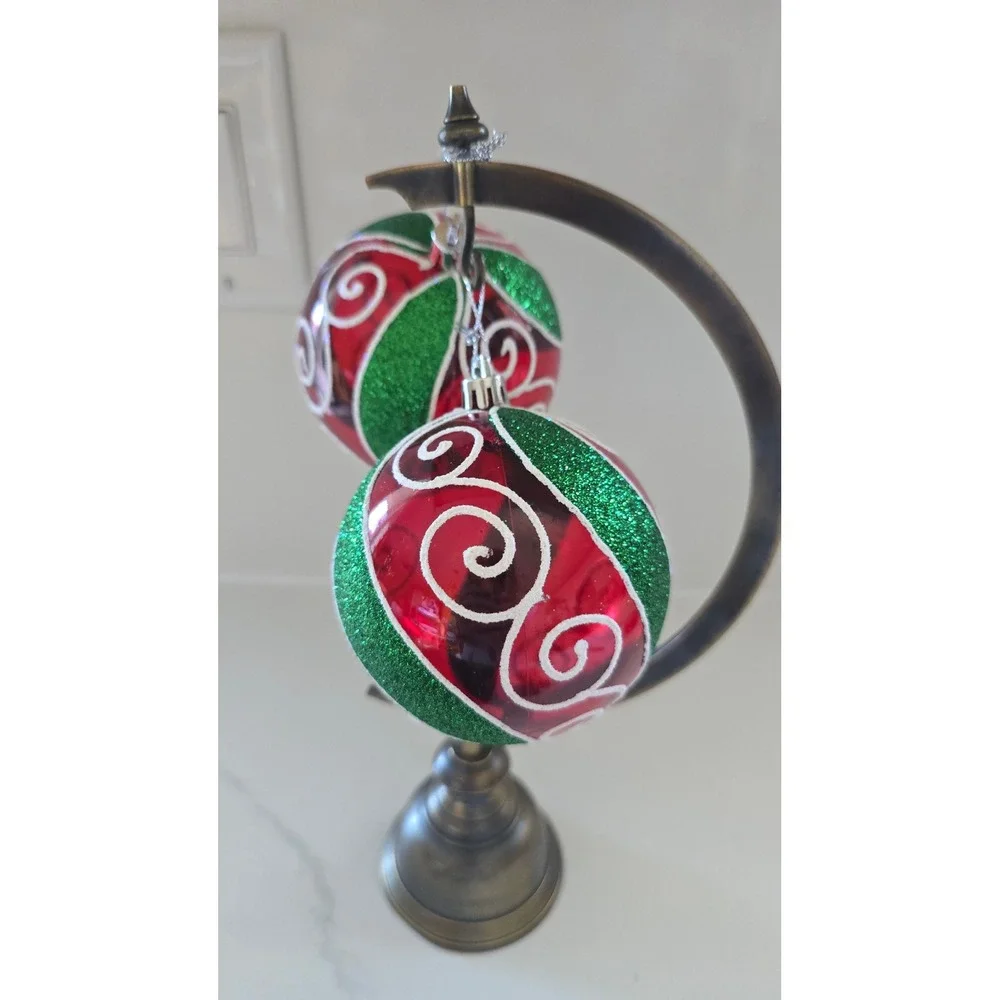 New Kurt Adler Set of 2 Red and Green Glitter Swirl Glass Christmas Ornaments